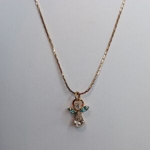 March Birthstone Gold Tone Angel Pendant Necklace 30" Long